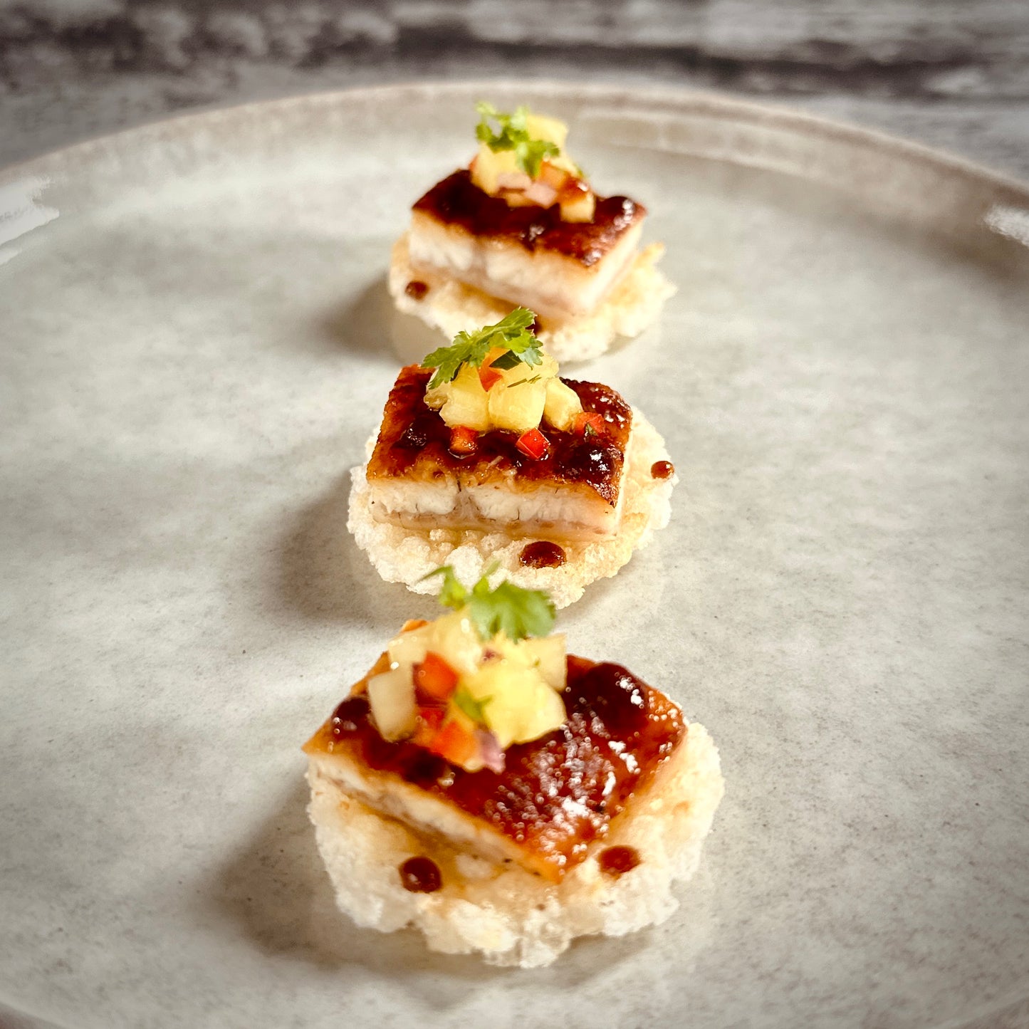 Japanese Style Roasted Eel with Pineapple Salsa on Rice Cracker