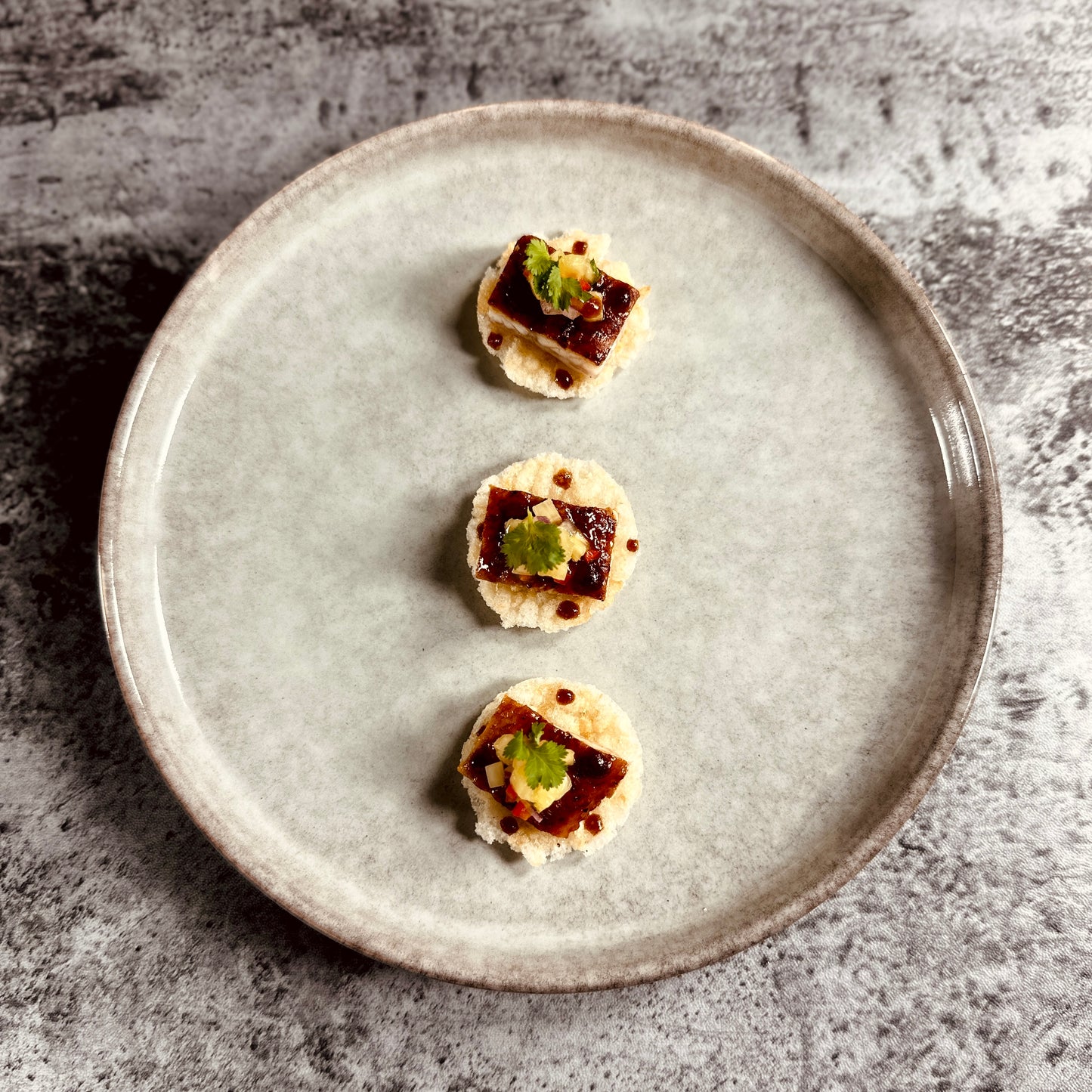 Japanese Style Roasted Eel with Pineapple Salsa on Rice Cracker