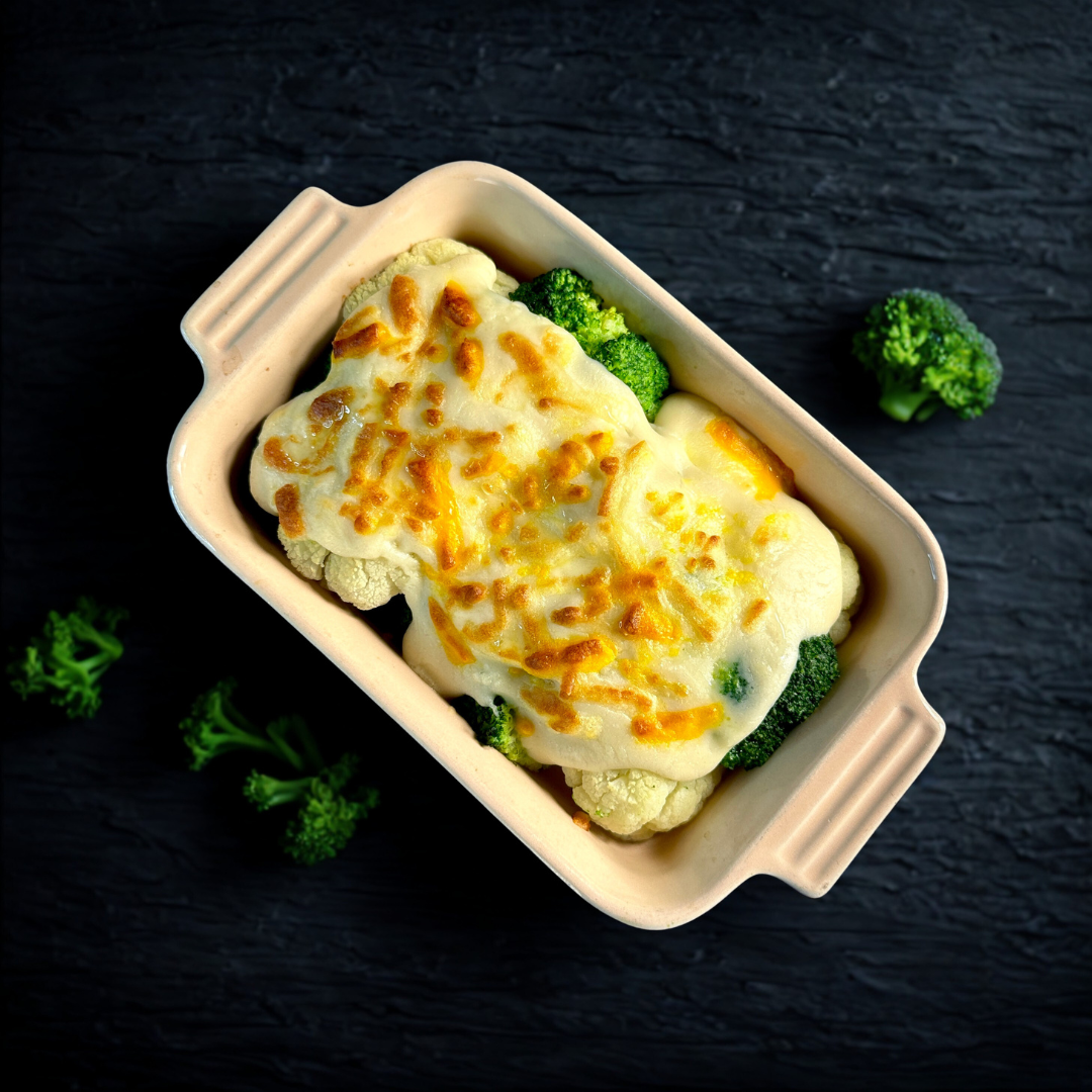 šBaked Broccoli & Cauliflower with Trio Cheese