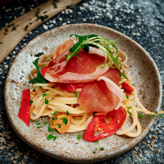 Spaghetti Aglio e Oilo with Parma Ham
