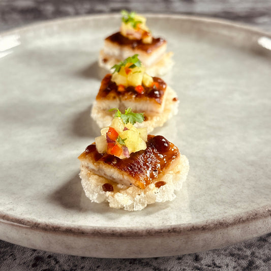 Japanese Style Roasted Eel with Pineapple Salsa on Rice Cracker