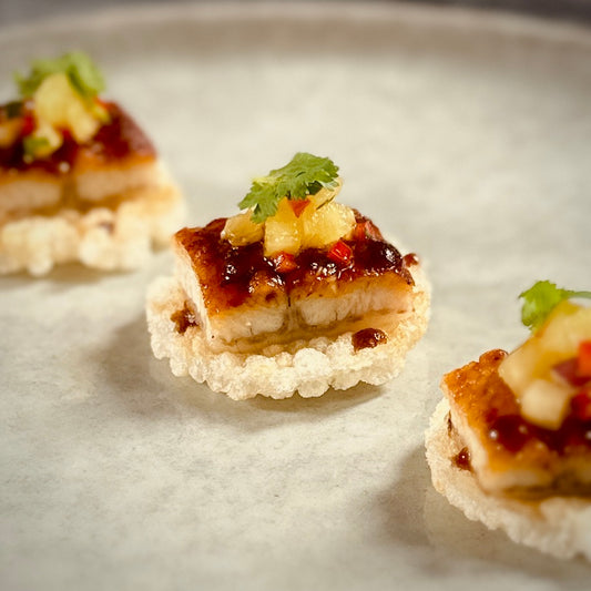 Japanese Style Roasted Eel with Pineapple Salsa on Rice Cracker